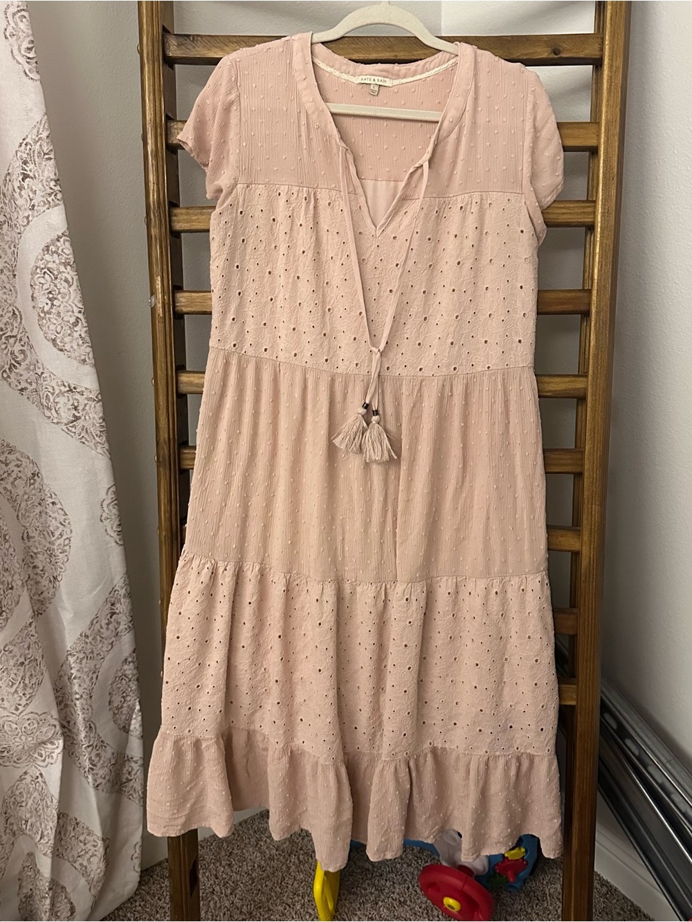 Tiered Eyelet Midi Dress with Tassel Tie in Blush Pink